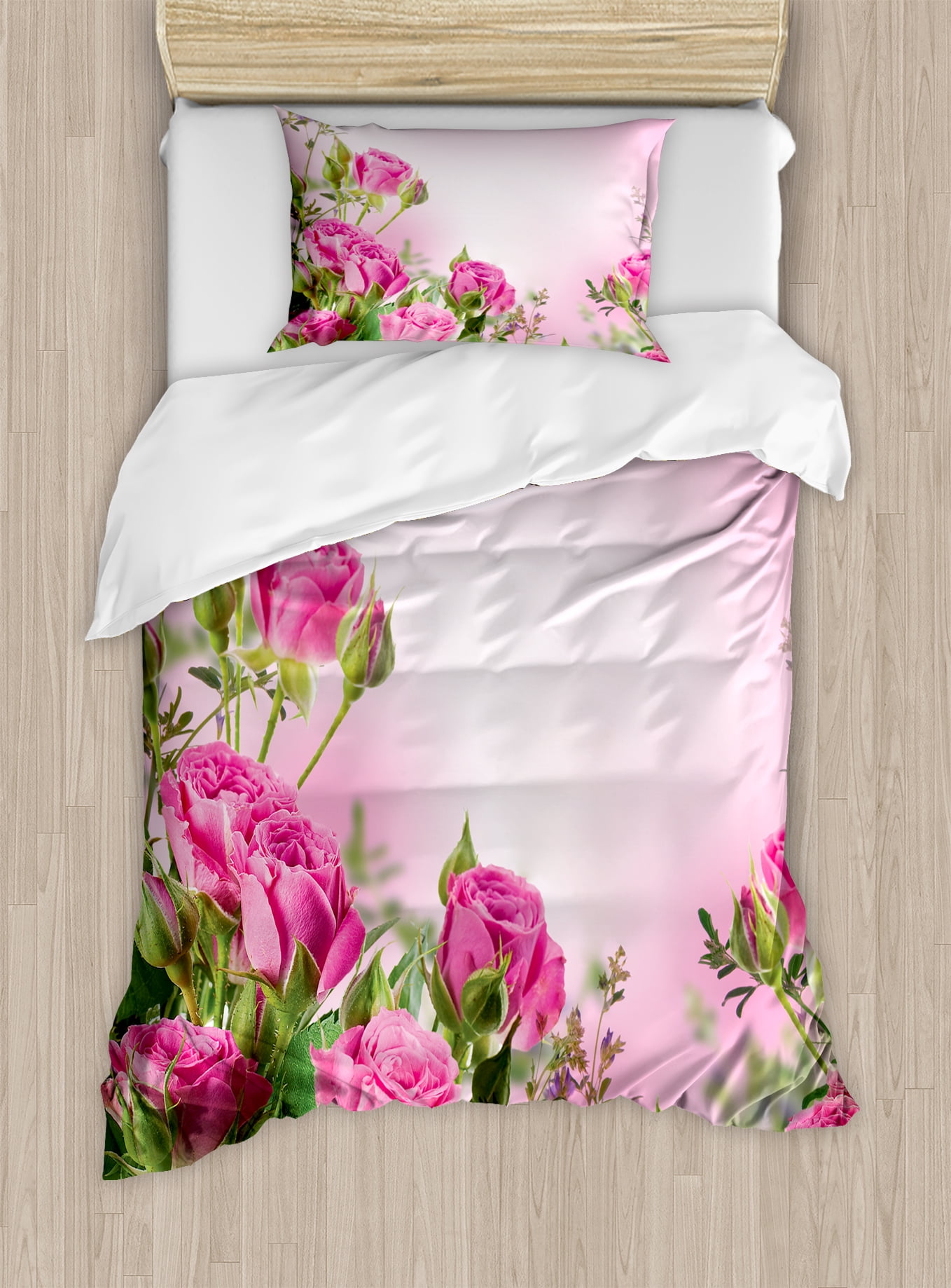 Flower Duvet Cover Set Spring Season Time Roses With Leaves And