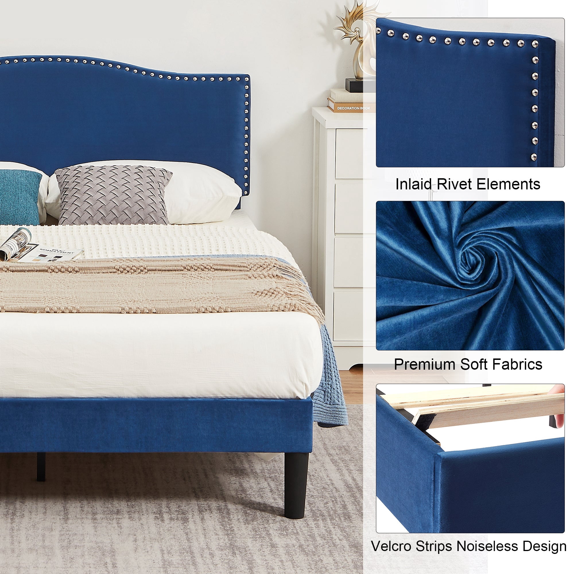 Javlergo Queen Size Bed Frame, Upholstered Platform Bed with Adjustable Headboard, No Box Spring Needed, Dark Blue