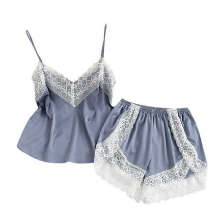 Popvcly Sleepwear Womens Sexy Lingerie Satin Pajamas Cami Shorts Set Nightwear V Neck Lace Trim Cami Tops Shorts Two Piece PJ Set Blue XL