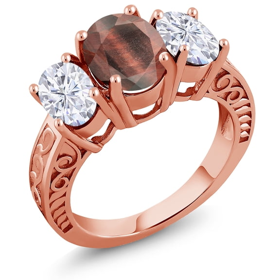 Gem Stone King 18K Rose Gold Plated Silver 3-Stone Ring Oval Red Tiger Eye and Moissanite (3.30 Cttw, Size 8)