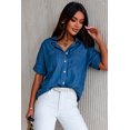 thumbnail image 4 of Women's Blue Turn-down Collar Short Sleeve Denim Shirt, 4 of 9