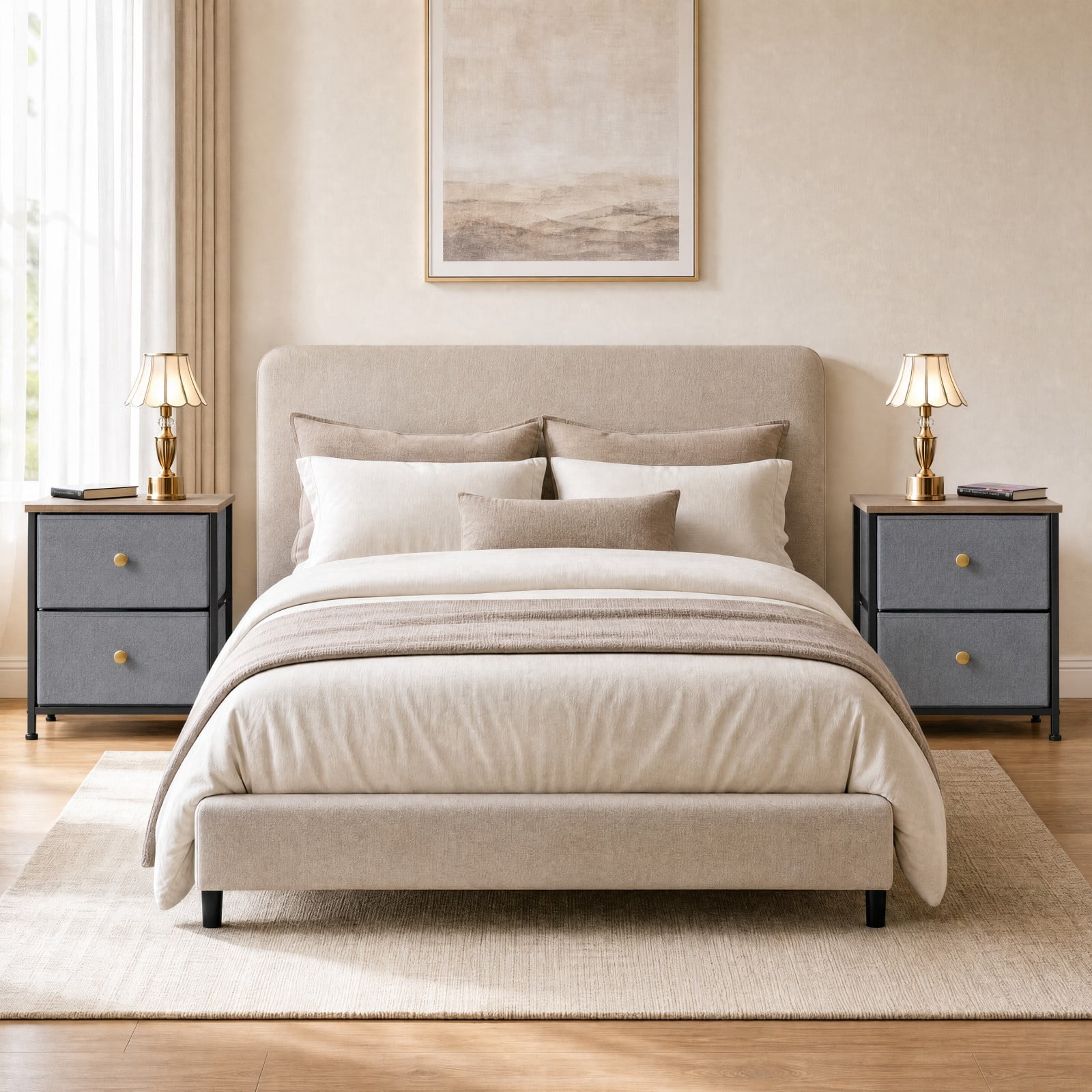 Telyra Nightstands Set of 2 20" Fabric Bedside Tables with 2-Drawer Wood Tops and Steel Frames Small Storage Organizers, Blue Gray