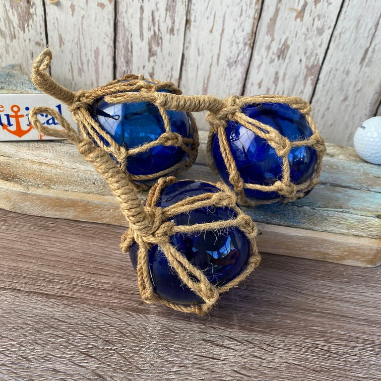 6) x 3 Cobalt Blue Glass Fishing Floats- Nautical Coastal Beach Fish Net  Buoy Decor - Dark Blue Ball w/ Rope Netting 