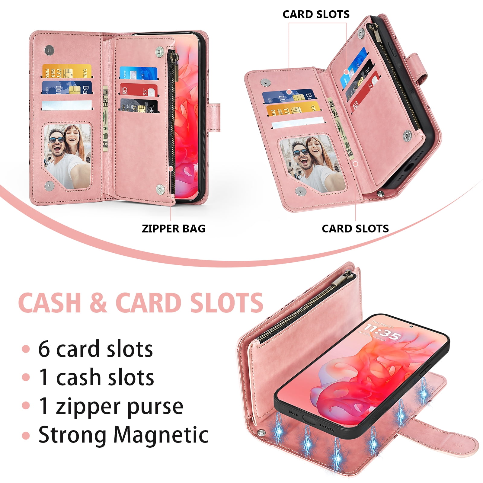 Asuwish Phone Case for Motorola Moto G Stylus 5G 2024 Zipper Wallet Magnetic Detachable Cell Cover with Tempered Glass Screen Protector Crossbody Strap Flower Card Holder Slot G5 Women Girls Pink