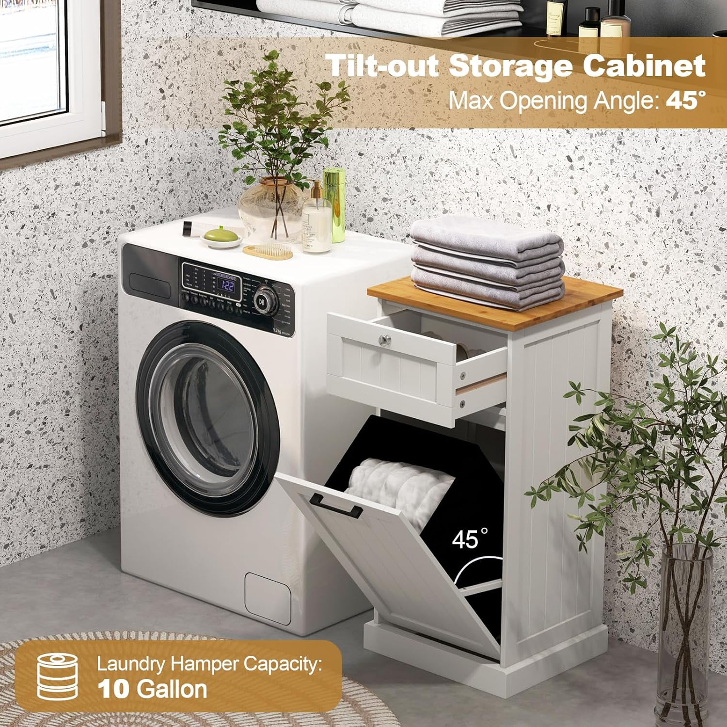 Tilt Out Laundry Cabinet, 10 Gallon Wood Hidden Hamper Cabinet with Removable Basket, Drawer, Bamboo Countertop, Bathroom Storage Cabinet, White