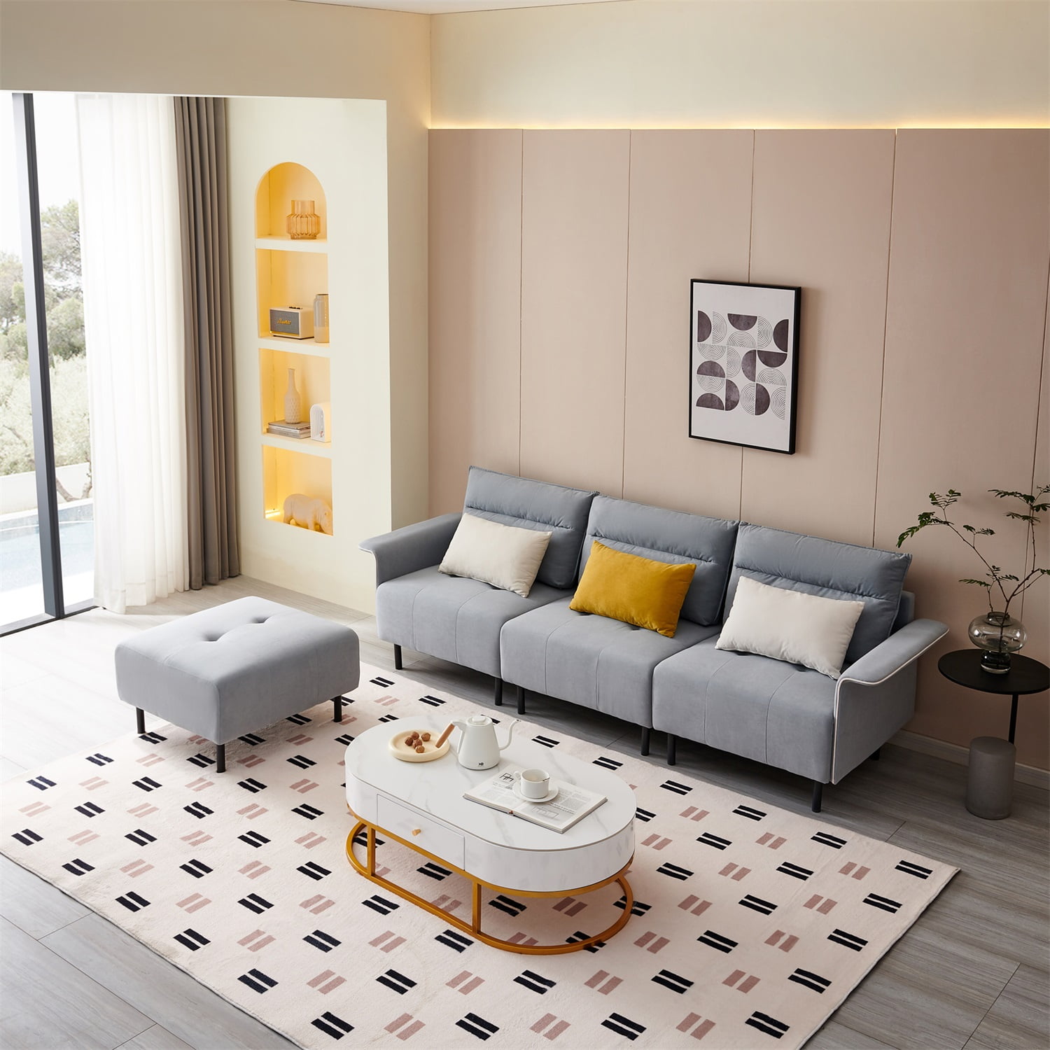 Kadyn L-shaped Sectional Sofa, Suede Sectional Couch with Removeable Ottoman and 3 Pillows, Modern Suede Upholstered Sofa for Apartment, Light Grey Kadyn L-shaped Sectional Sofa, Suede Sectional Couch with Removeable Ottoman and 3 Pillows, Modern Suede Upholstered Sofa for Apartment, Light Grey