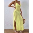 thumbnail image 3 of Womens Crochet Knit Sheer Summer Backless V Neck Side Slit Bathing Suit Cover Up Midi Dress Yellow&Green One Size, 3 of 6
