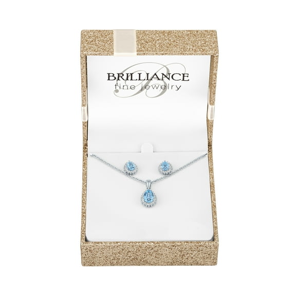 Ladies Brilliance Fine Jewelry Sterling Silver Plated Simulated Blue Topaz & CZ Pendant and Earring set