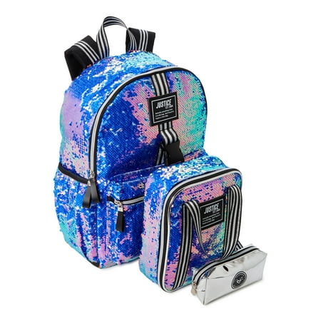 Justice Girls 17" Laptop Backpack, Lunch Tote and Pencil Case, 3-Piece Set Multi-Color Sequin