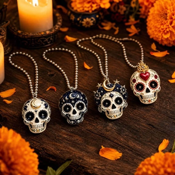 Dia de los Muertos Acrylic Hanging Decor, Transparent Printed Skull Theme Pendants, Four Distinct Festival Ornaments, Day of the Dead Decorations for Wall Door Table Party Home Display, 4pcs, Style C