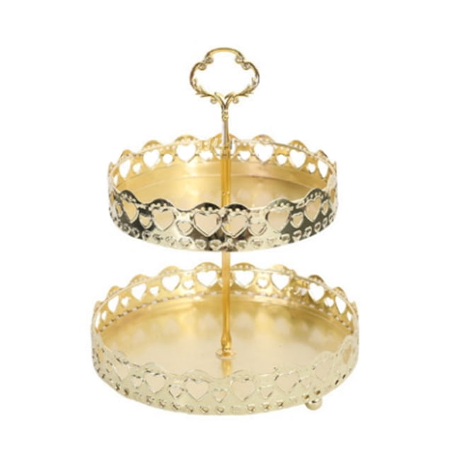 Double Layer Pastry Tray, Gold Decorative Tray, Smooth Apperance Cupcake Stand Copper Material Cake Display Plate with Handle for Wedding