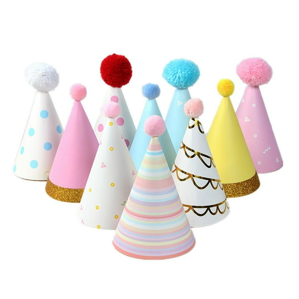 GOOHOCHY 10 sombreros decorativos para fiesta de cumpleaños, con estampado dorado, con forma de bola afelpada, para el Día Internacional del Niño, decoración para fiestas infantiles, estilo aleatorio.