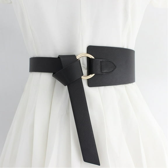 TANGNADE Womens Belts For Dresses Women Casual Solid Color Gold Ring Decorated Knotted Waist Wide Belt Black