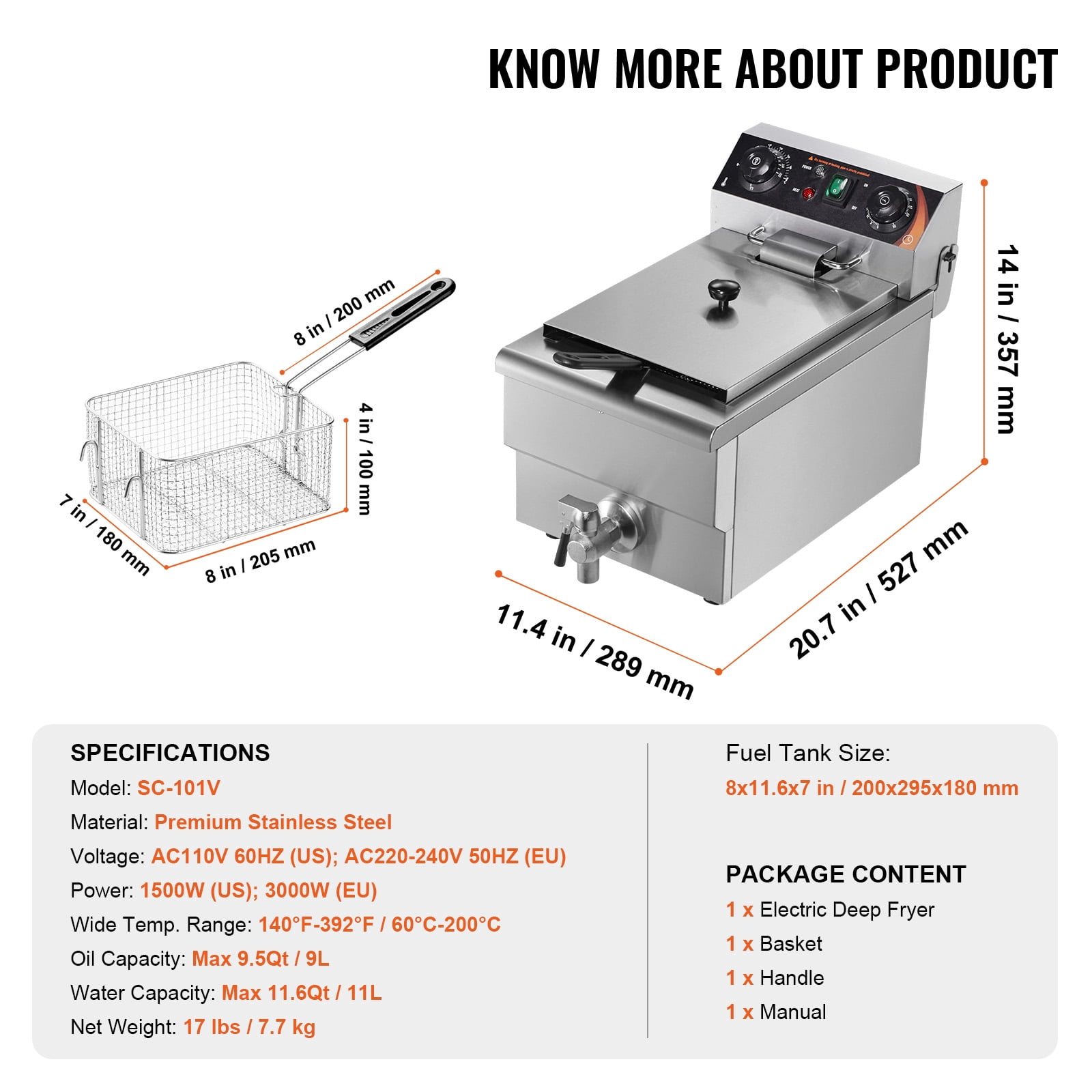 KFFKFF Commercial Electric Deep Fryer, 1500W 11.6Qt / 11L Countertop Fryer with Basket, Stainless Steel Oil Fryer with Adjustable Time & Temperature, Overheat Safety, Ideal for Kitchen and Restaurant