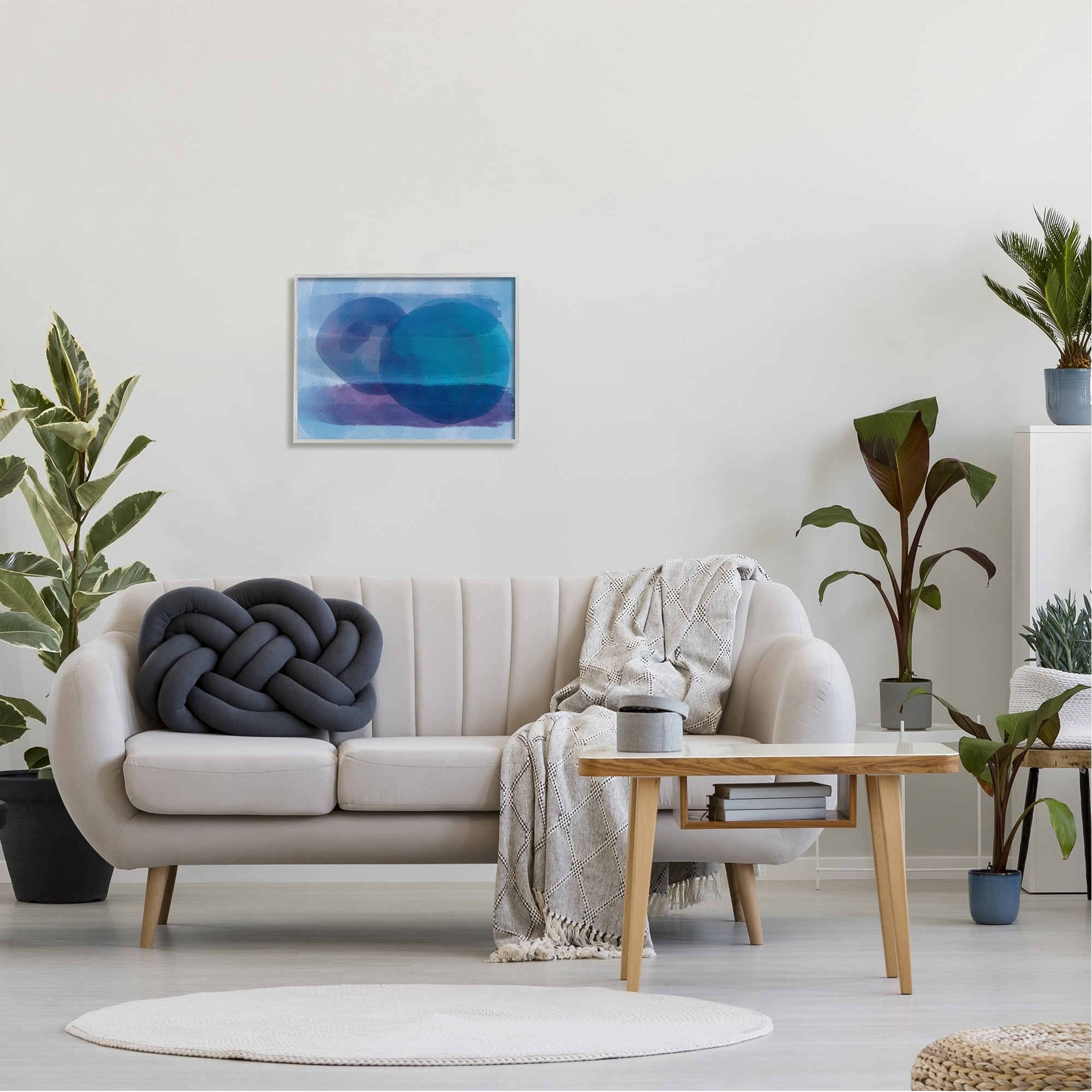 Serene Blue Brushstrokes Abstract Circle Shapes Abstract Painting Framed Art Print Wall Art