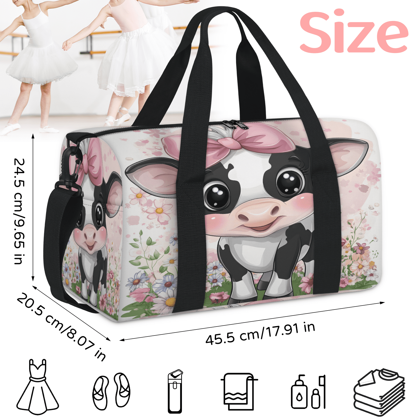 Herdesigns Cute Gym Bag for Women, Cow Duffle Bag for Travel Sport, Lightweight Waterproof Carry on Weekender Overnight Dance Yoga Workout Bags