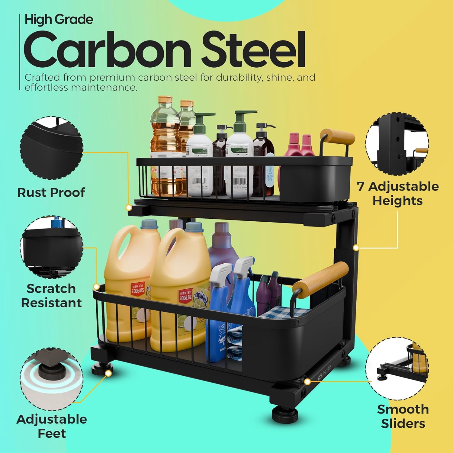 Premium Heavy Duty Carbon Steel Under Sink Organizer, Large 2 Tier Pull Out Cabinet Organizer with 7 Adjustable Heights and Smooth Ball Bearing Sliding Baskets for Bathroom & Kitchen Storage