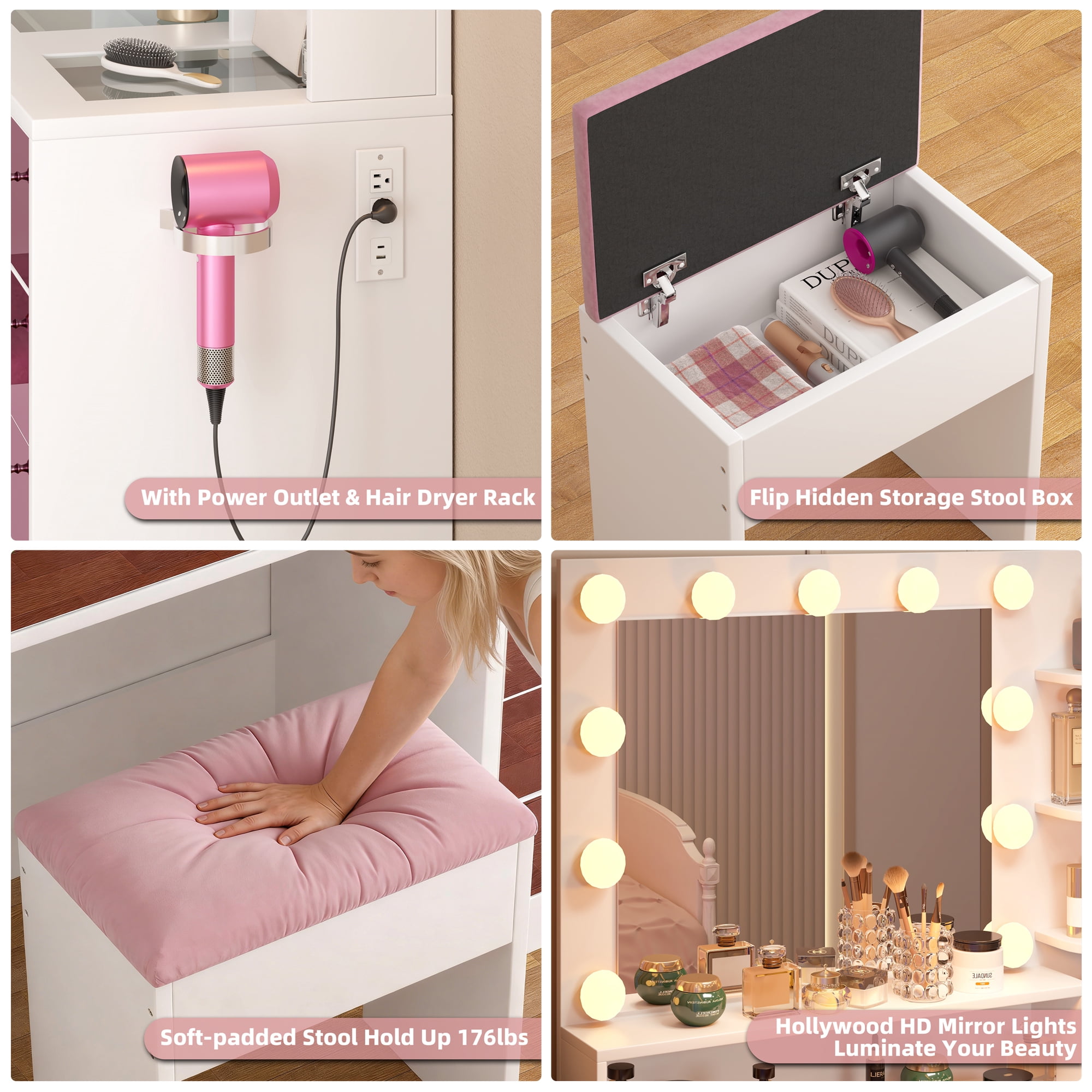 Mintazer Vanity Set with Hollywood Bulbs and Mirror, Dressing Table with 6 Drawers & Shelves and Cushioned Stool, Makeup Vanity Desk for Bedroom, Pink