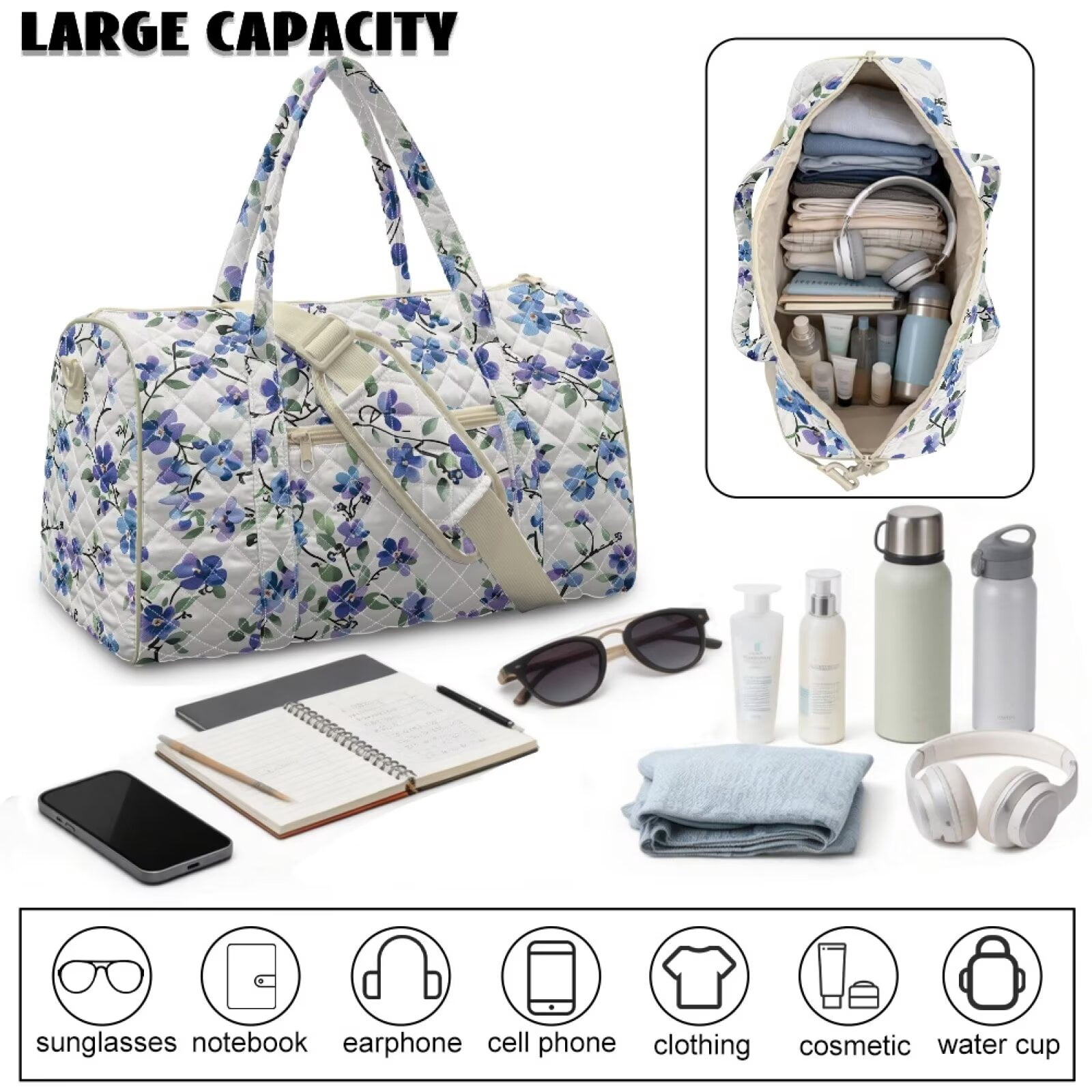 Pzuqiu Floral Quilted Weekender Bag for Women Large Capacity Puffer Travel Duffle Carry On Tote Lightweight Soft Overnight Gym Bag with Luggage Sleeve Portable Travel Bags
