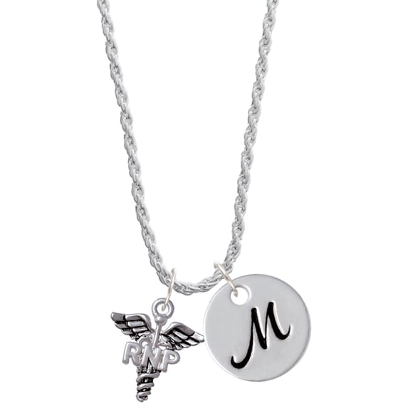 Delight Jewelry Silvertone Caduceus - RNP Silvertone Script Initial Disc - M - Charm Necklace, 20"+3"