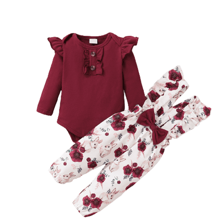 

NZRVAWS Newborn Baby Girls Outfits Long Sleeve Solid Color Ruffle Sleeve Romper Top+ Floral Print Rabbit Print Straps Suspender Pants +Headband 3Pcs Clothes Set 0-3 Months Red