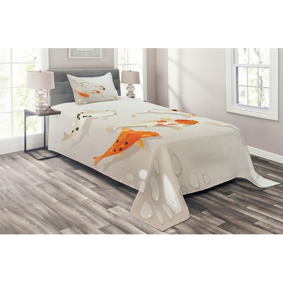 Ambesonne Animal Quilted Coverlet 2 Pcs, Traditional Spotted Koi Fish, Twin Size, Orange Beige