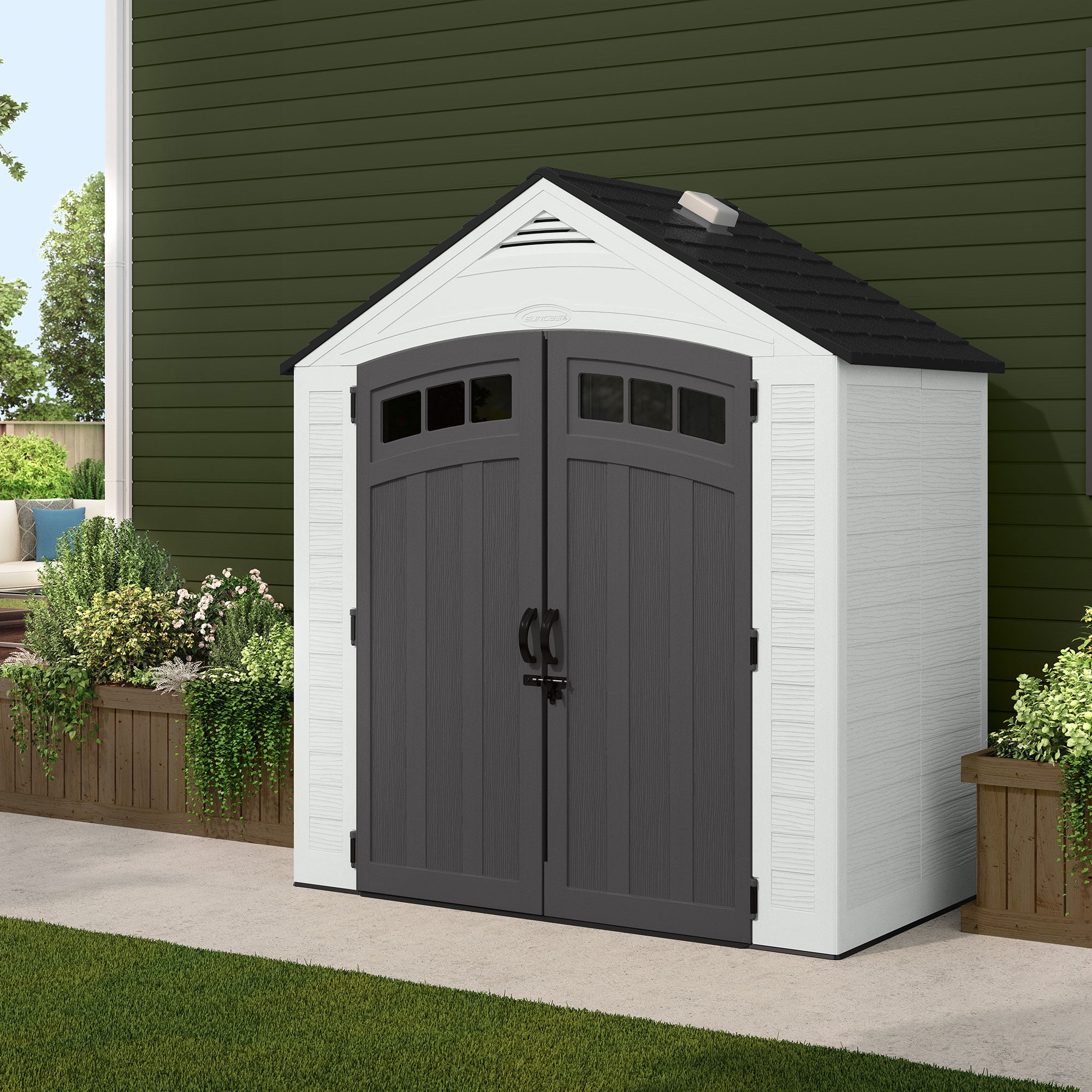 Suncast Vista 7 ft. x 4 ft. Resin Vertical Peak Storage Shed with Floor Kit