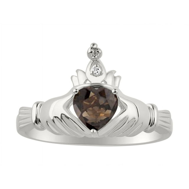 RYLOS Rings Sterling Silver Claddah Love, Loyalty & Friendship Ring Heart 6MM Gemstone & Diamond Claddagh Rings June Smoky Quartz Jewelry Size 9