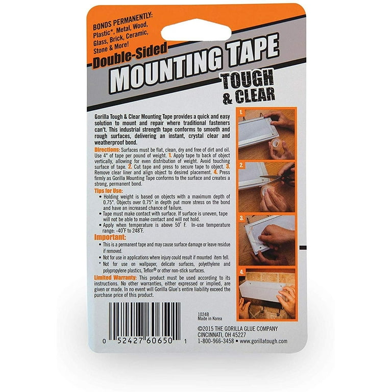 Gorilla 6065001-12 Tough & Clear Mounting Tape, Double-Sided, 1 inch x 60 inch, Clear, Pack of 12, 12-Pack, 12 Piece, Size: 12 Pack