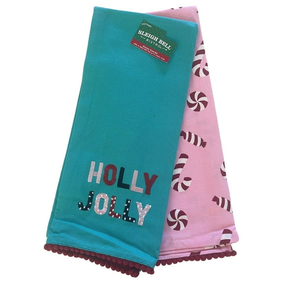 Merry Christmas Holly Jolly Kitchen Towel Set, 2 Cotton Dish Towels
