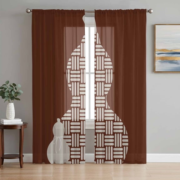 Red Brown Gourd Sheer Curtains 108 Inch Length 2 Panels Set, Modern Abstract Art Geometric Voile Window Treatment Semi Sheer Long Curtains Drapes for Bedroom/Living Room/Kitchen 52"x108"x2