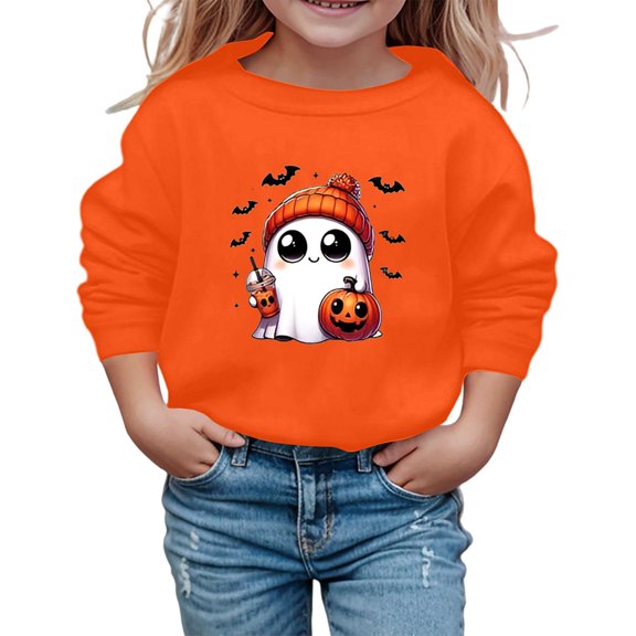 Wuxian Boys Girls Halloween Sweatshirt Pullover Funny Ghost Pumpkin Graphic Print Top Shirt Crewneck Long Sleeve Casual Loose Top Clothes,Orange,3-4 Years