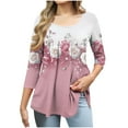 thumbnail image 2 of JTZGDY Summer Tunic Tops for Women Dressy Casual 2025 Fashion 3/4 Lenght Sleeve Floral Printed Ruched Pleated Crewneck Graphic T-Shirts Loose Fit Curvy Hem Blouse Pink#02 L, 2 of 7