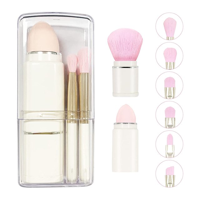 Travel Small Makeup Brush Portable - Travel Lip Brush, Eyeshadow Brush, Beauty Sponge, Concealer brush, Foundation Blending Powder Brushes Retractable Makeup Brush Set of 8