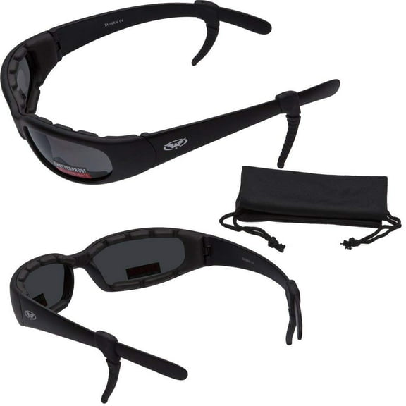 Chicago Foam Padded Motorcycle Sunglasses - FREE Rubber EAR LOCKS and Microfiber Cleaning/Storage Pouch -GLOSS Black FRAME