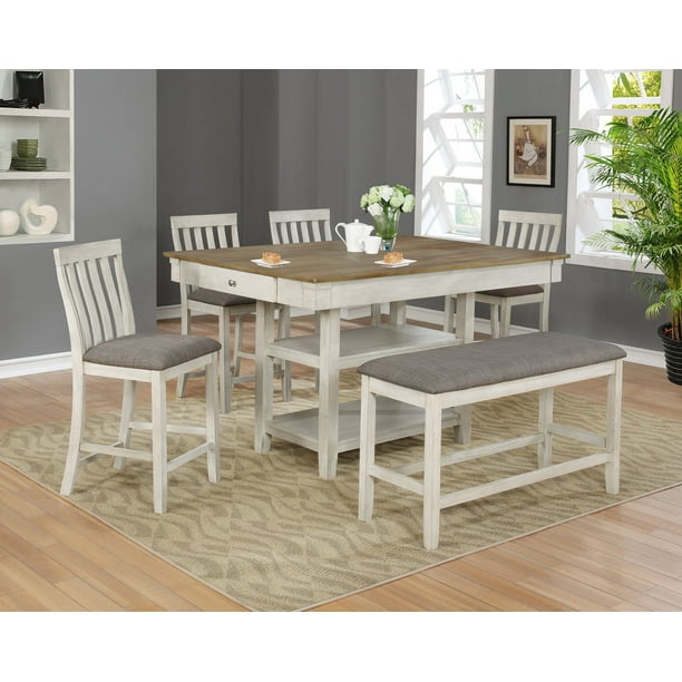 Transitional 6pc Counter Height Dining Room Set Storage Table Chair Bench Two Tone Brown Finish Wooden Fabric Home Furniture Com Storage Table Chair Bench, Counter Height Table Chairs And Bench