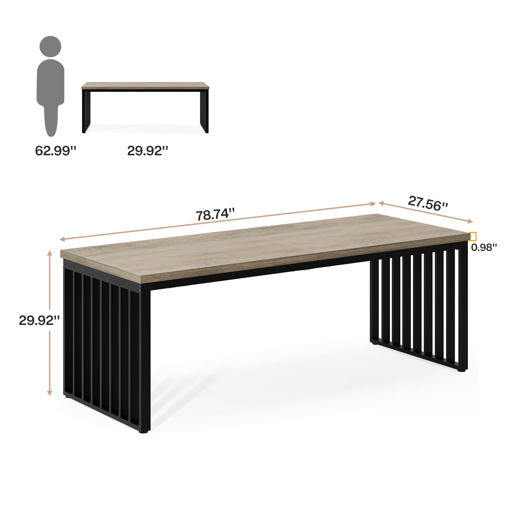 MAYEERTY 78.74 Inch Rectangular Industrial Dining Table, Rustic Wood Grain Kitchen Dinner Table with Black Metal Frame for 6 to 8 People