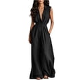 thumbnail image 2 of Costeam Womens Sleeveless Collared V Neck Full Length Jumpsuit Dual Side Slip Pockets Drawstring Cinched Elastic High Waist Lightweight Flowey Wide Leg One Piece Casual Outfit, 2 of 7