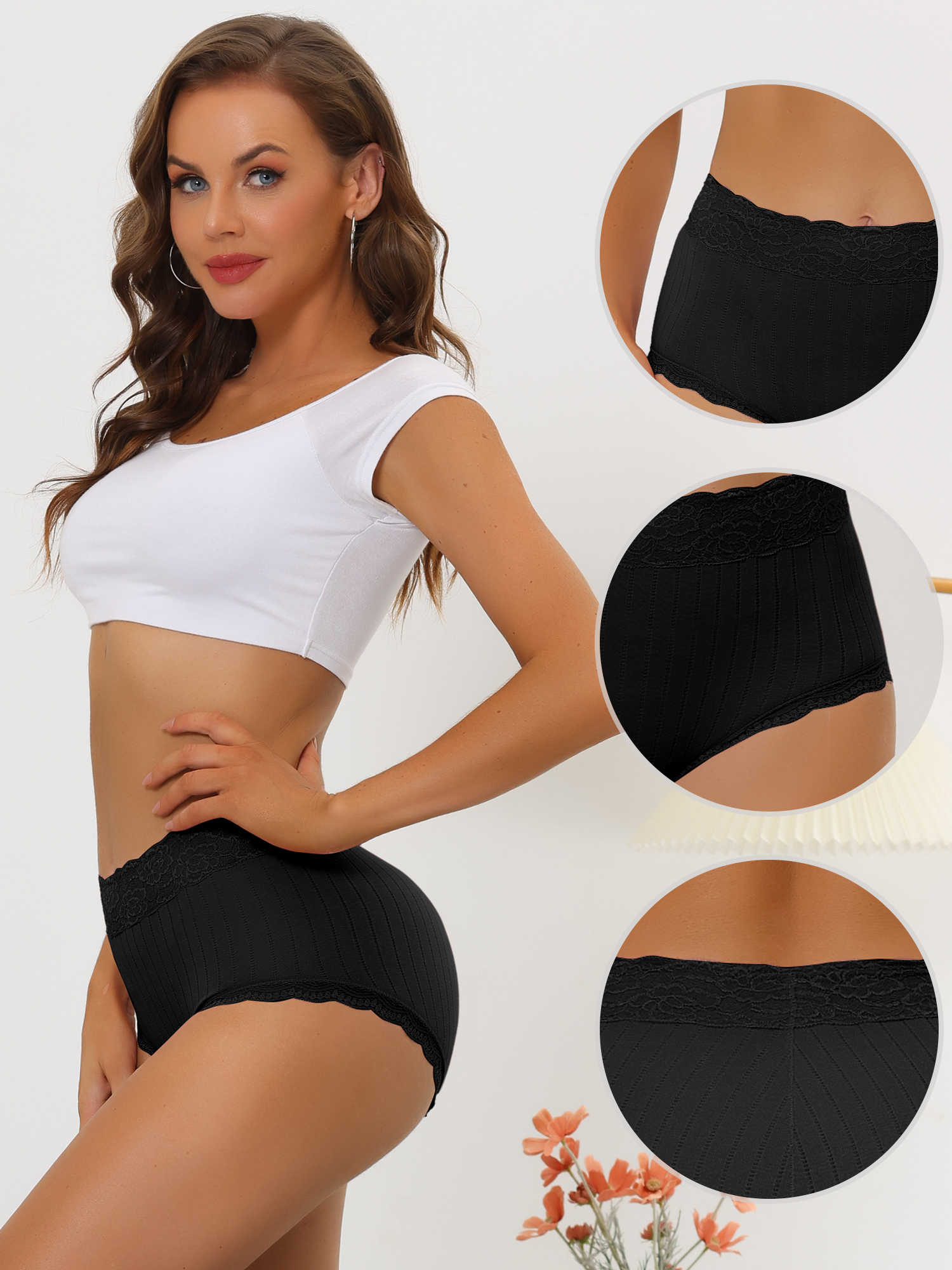 Unique Bargains Women's Tummy Control Lace Trim Ribbed Soft Underwear XL Black