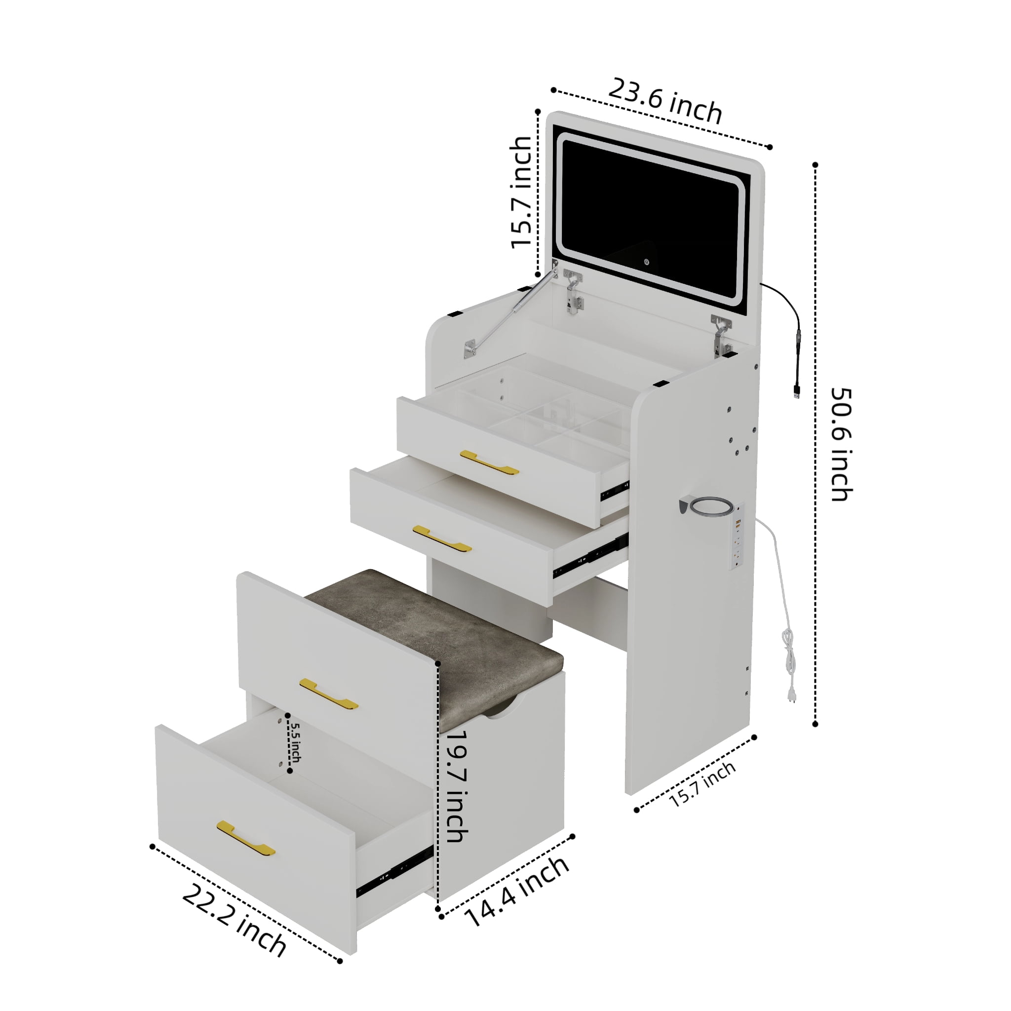 Mintazer 3‑in‑1 Vanity Desk with LED Lighted Flip Mirror, Multifunctional Makeup Dressing Table with Charging Station & Storage Stool for Small Bedroom, White