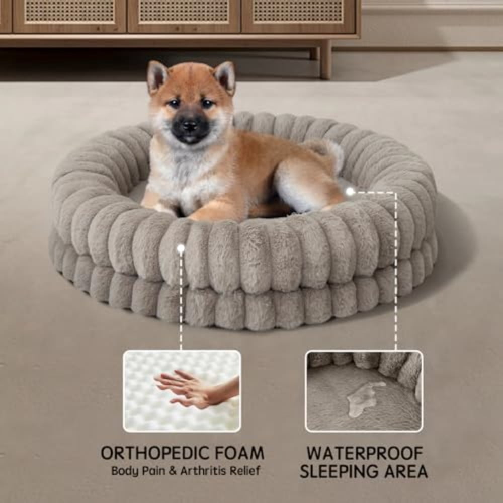 Luxury Donut Dog Bed, 30 Inches Round Dog Bed Medium Size Dogs Washable, Orthopedic Calming Dogs Bed for Pets with Anti-Slip Bottom, Oatmeal