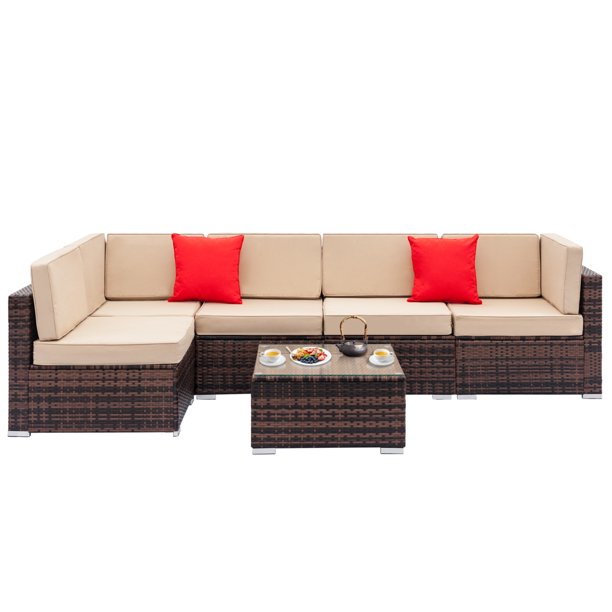 Wicker Patio Furniture 6 Piece Patio Conversation Sets With 5 Cushion Seats 1pc Rectangular Coffee Table 2 Red Pillows Sturdy Rattan Sofa Set For Poolside Garden Lawn Pool Backyard Q2463 Walmart Com Walmart Com