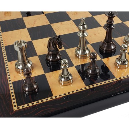 Brass Metal Bronze Silver Classic Staunton Chess Set 18 Walnut Color Board