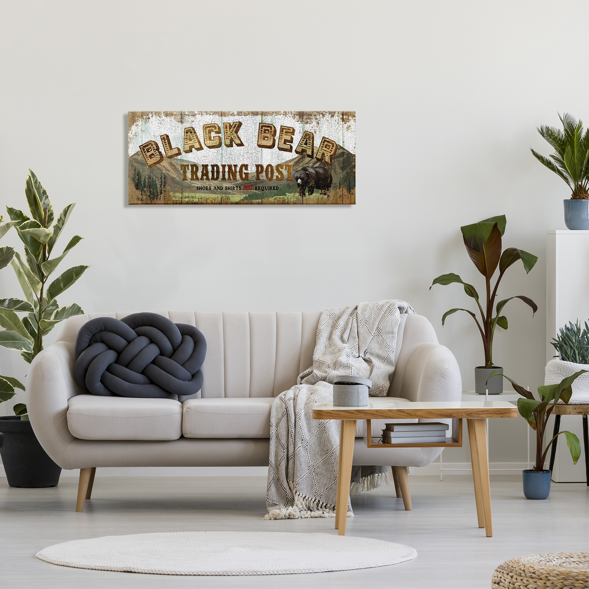 Design by Conrad Knutsen Black Bear Trading Post Rustic Forest Animal 40 in x 17 in Painting Canvas Art Print, by Stupell Home Décor