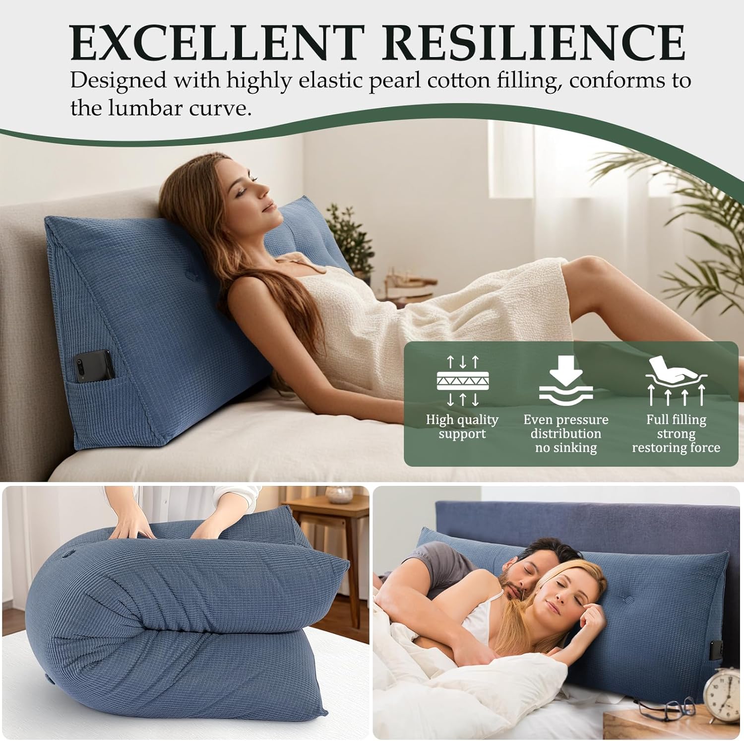 Soft Headboard Pillow Queen Size, Wall Backrest Wedge Pillow Headboard Queen, Reading Backboard Pillows, Large Dorm Daybed Bolster Pillows for Back Support with Removable Cover, Blue