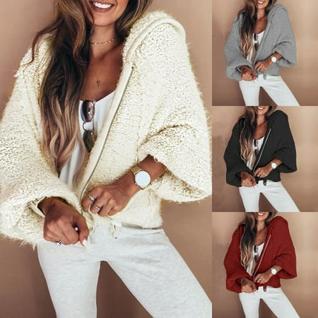 Wool Coat Fur Trim Women's Faux Wool Fur Bomber Jacket Wild Loose Faux Wool Fur Hooded Jacket Coat Plus Size women's fashion ()
