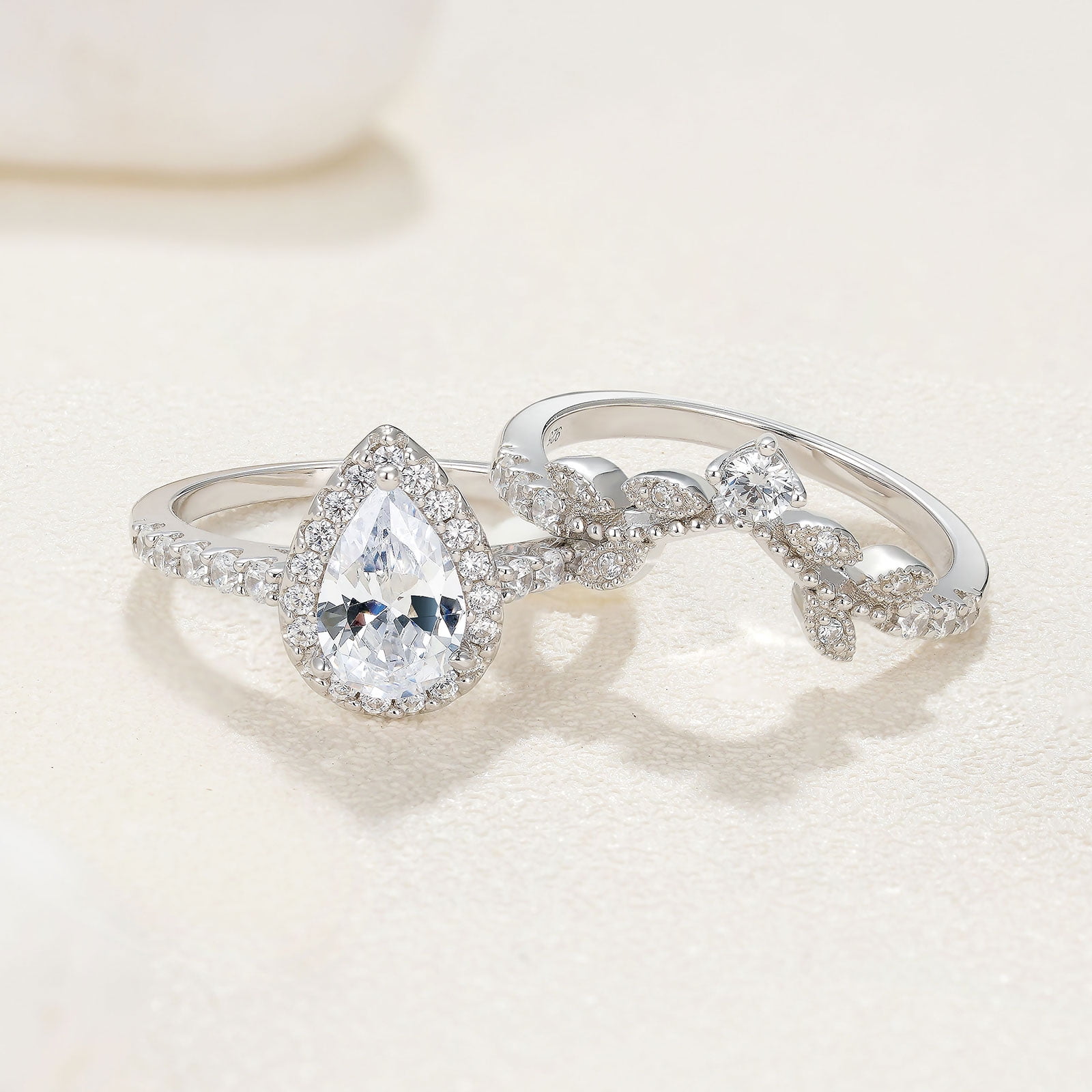 Newshe Jewellery Wedding Ring Set for Women Vintage 925 Sterling Silver Pear Shaped Cz Bridal Set Size 7
