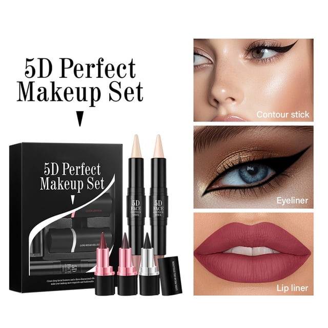 Kit de maquillaje facial puntiagudo de 5 piezas - Delineador de ojos, delineador de labios, barra de contorno - Resistente al agua, duradero, colores naturales - Caja portátil para una aplicación