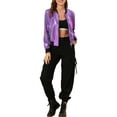 thumbnail image 3 of MODA NOVA Juniors Halloween Costume Casual Stand Collar Metallic Zip Crop Length Bomber Jacket Purple-1 L, 3 of 7
