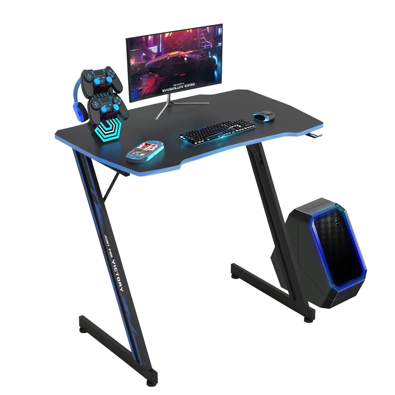 35 inch Gaming Desk Z-Shaped Leg PC Computer Desk with Headphone Hook, Ergonomic Gaming Table Gaming Workstation（Blue）